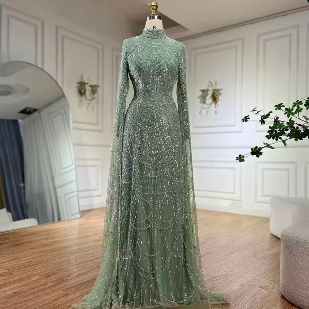Elegant Sage Greeb Evening Gown